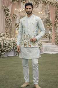 Conjunto de Kurta Koti de Satén Malai Premium para Hombre con Bordados Elaborados y Pijama - Product Image 2