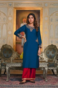 Conjunto de Kurta de Fiesta Maharani para Mujer, en Seda Bordada con Dori Azul Rey - Product Image 5