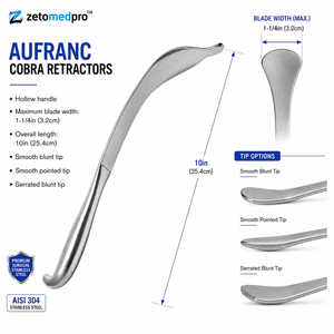 AUFRANC Retractor Cobra Mango Hueco 10in 25.4cm Hoja 3.2cm Punta Lisa y Dentada Zetomed Pro - Product Image 2