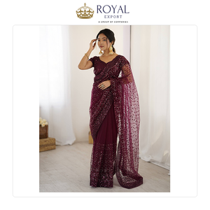 Globally Selling Best Quality Wedding Wear Designer Indian Clothing Net <b>Saree</b> with Unstitched <b>Blouse</b> and Sequence Work - Product Image 5