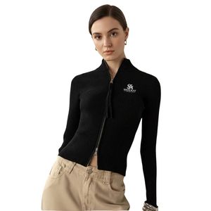 Cardigan noir zippé pour femme, veste en maille à manches longues, ajustée, décontractée, col montant, personnalisable avec logo OEM - Product Image 2