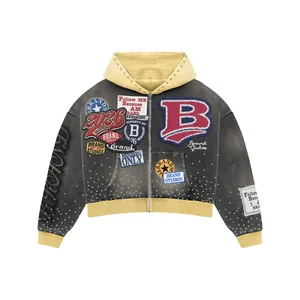 <b>Grey</b> Pink Patchwork Studded Cropped Zip Hoodie | Heavy Graphic Collage Oversized Streetwear <b>Jacket</b> | Custom OEM Apparel - Product Image 2