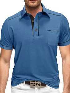 Polo en tricot bleu à manches courtes pour homme avec poche, design uni décontracté, coupe classique - Product Image 3