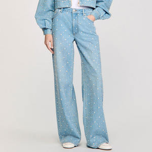 Jeans de mujer de cintura alta, pierna recta, transpirables, sueltos, con pedrería, cristales, efecto lavado, patchwork, para damas. - Product Image 2