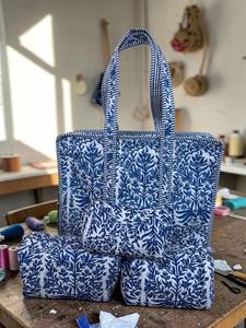 Ensemble de sacs fourre-tout en coton imprimé à la main bleu avec 3 pochettes, style bohème, fermeture éclair, pour toutes les saisons, utilisation pour le shopping, provenant du Rajasthan - Product Image 1