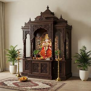 Mandir de madera de teca con puerta doble para el hogar, elegante, vintage, con tallado elaborado, unidad de Pooja personalizada, templo para el hogar a precio de fábrica, Nueva York - Product Image 4