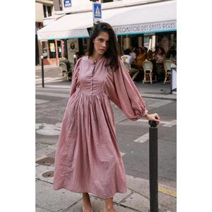 Vestido Maxi Rosa Sólido Elegante y Modesto para Mujer, Cuello en V, Manga Abullonada, Manga Larga, Botones al Frente, Algodón Ecológico, Vestido Casual Holgado - Product Image 1