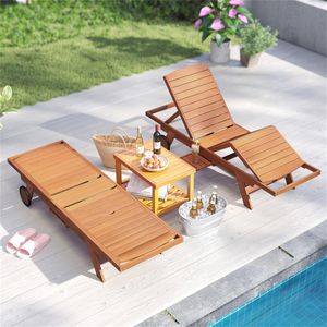 Lettino Prendisole Regolabile a 4 Posizioni per Esterni in Legno Massello e Rattan con Tavolino Laterale Estensibile e Telaio in Alluminio per Uso in Piscina - Product Image 1