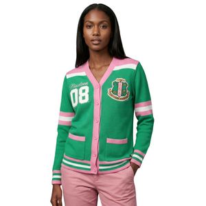 Suéter Cárdigan de Lana Verde Rosa con Bordado de Escudo, Chaqueta de Punto con Botones Delanteros y Diseño de Letras, Moda Casual para Mujer - Product Image 1