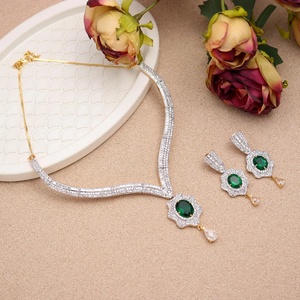 V Shape Diamond Look Necklace Set Emerald CZ Oval 22K Gold Plated Brass Adjustable Bridal Jewelry for Women - Product Image 3
