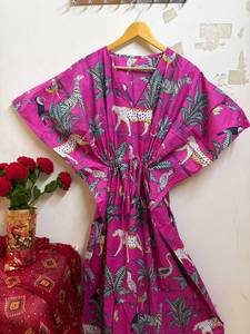 Women's Pink Floral Print Cotton Maxi <b>Kaftan</b> Dress | V-neck Batwing Sleeve Eco-Friendly Breathable Safari <b>Beach</b> Cover-Up Boho - Product Image 2
