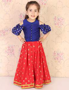 Conjunto de Ropa para Niñas, Top Azul con Hombros Descubiertos y Falda Larga Roja, Estilo Étnico, Festivo, Tradicional, para Fiestas - Product Image 4