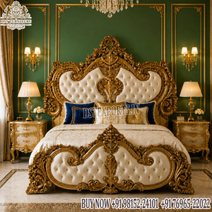 Antique Queen Bedroom Furniture Set with Golden Carvings With Dressor Majestic King Size Golden Wooden Bed with Tufted Headboard - Product Image 6