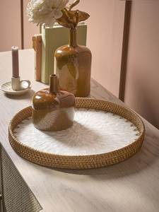 Plateau de service rond en rotin bohème avec incrustation de nacre, tressé à la main, motif floral, pour café, fruits, salle de bain, coiffeuse - Product Image 3