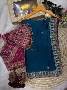 Sari de seda Rangoli suave para mujer con bordado de lentejuelas y blusa Banglori pesada |   Sari Étnico Elástico Hasta el Tobillo para Fiesta - Product Image 5