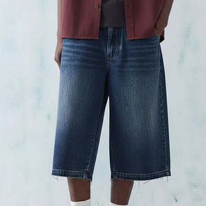 Shorts vaqueros holgados de alta calidad, talla grande, color azul lavado, 100% algodón, cortavientos, para hombre, con logotipo bordado. - Product Image 3