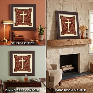 Framed Wooden Cross Wall Decor with Carved <b>Floral</b> Pattern Red Background Traditional Design for Living Room or Behind Doors - Product Image 4