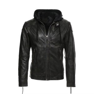 Blouson de motard en cuir noir personnalisé avec capuche en tissu amovible, poches zippées sur le devant, fournisseur en gros de vêtements de moto aux États-Unis - Product Image 5