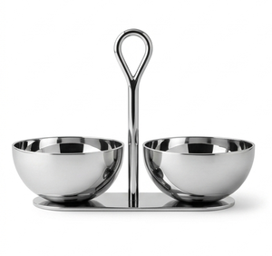 Stainless Steel 2 Bowl Serving <b>Stand</b> with Handle Polished Metal Snack Nut Candy Dish - Product Image 3