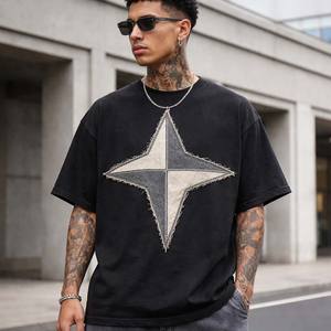 T-shirt décontracté pour homme en coton 100% noir, tricoté, surdimensionné, style sportif, effet usé, streetwear - Product Image 3