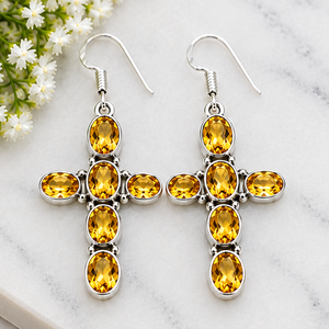 Yellow Citrine <b>Silver</b> <b>Earrings</b>, <b>Sterling</b> <b>Silver</b> Cross <b>Earrings</b>, Gemstone <b>Drop</b> <b>Earrings</b>, Elegant Statement Jewelry - Product Image 4