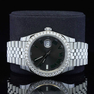 Reloj de Lujo Negro Gris con Esfera Romana, Totalmente Automático, Bisel de Diamantes Redondos, Acero Inoxidable, Estilo Hip-Hop - Product Image 1