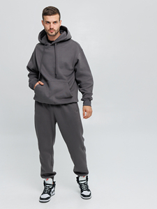 Grey <b>Oversized</b> Hoodie & <b>Jogger</b> Set. Fleece Two Piece Sweatsuit. Custom Logo Streetwear Tracksuit. Private Label Manufacturer - Product Image 4