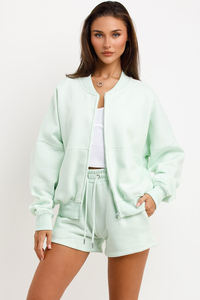 Ensemble survêtement femme 2 pièces en coton menthe 100 % : veste bomber et short, ensemble survêtement femme avec sweat à capuche et short - Product Image 5