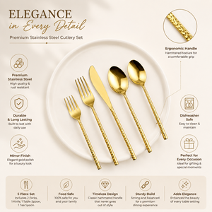Ensemble de couverts de luxe en acier inoxydable doré 5 pièces |   Ensemble de couverts royal cuillère, fourchette et couteau |   Vaisselle haut de gamme pour la décoration de la salle à manger à la maison - Product Image 4