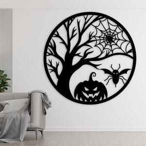 Halloween wooden Wall Art Circular <b>Decorative</b> Hanging <b>Tree</b> Pumpkin Spider Design Contemporary Style Single-piece Package - Product Image 1