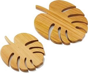 Posavasos cuadrados de madera de acacia con forma de hoja, salvamanteles redondos de madera con forma de hoja de monstera - Product Image 1