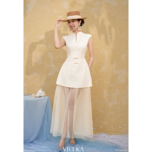 Vestido Maxi de Mujer con Peplum de Encaje Texturizado y Mangas Casquillo, Estampado Floral Natural, Transpirable, con Malla Superpuesta, Corte A, para Fiesta de Verano - Product Image 1