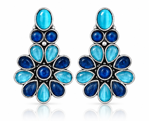 Pendientes de botón de moda con engaste de latón plateado oxidado y ónix azul floral, llamativos para mujer, joyería de fiesta de moda al por mayor - Product Image 1