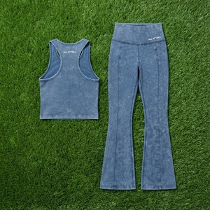 Women <b>Blue</b> Acid Wash Yoga Set Tank <b>Crop</b> <b>Top</b> High Waist Flare Leggings Gym Fitness Workout Activewear - Product Image 5