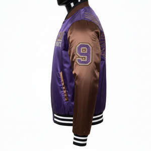 Purple Men's Bomber <b>Jacket</b> With Sequined Eagle Embroidery Brown Sleeves Zipper Closure Casual Style Autumn Wear - Product Image 3