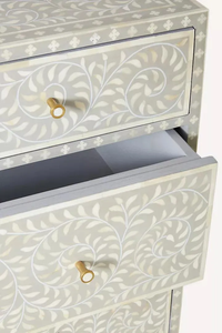 Modern Bone Inlay White Floral Pattern 3 Drawer <b>Chest</b> With Gold Base Bedroom <b>Storage</b> Cabinet - Product Image 3