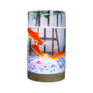 Aquarium de bureau créatif en verre pour betta avec base lumineuse LED, décor en perles de cristal de glace, mini-bol aquascape, ensemble complet - Product Image 1