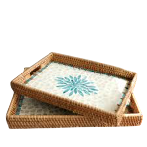 Plateau de service en rotin fait main avec incrustation de nacre, plateau décoratif naturel pour table basse ottoman avec poignées, au meilleur prix - Product Image 1