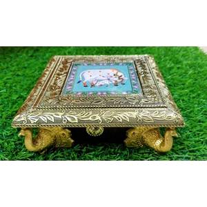 Traditional Indian Regular Hand-Painted Pooja Chowki/Bajoth Decorative Bamboo and Wood <b>Craft</b> Handmade Metal Chowki For Home - Product Image 1