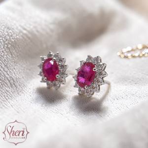 Boucles d'oreilles clous classiques en or blanc massif 18 carats avec halo de diamants et rubis ovales de 1,80 ct pour femme, par Sheri Jewels, idéales pour un anniversaire - Product Image 3