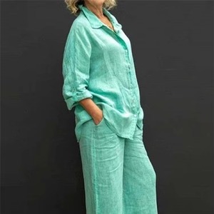 Meilleure Vente Ensemble Décontracté Tissé pour Femme : Blouse à Manches Longues et Pantalon Long 2 Pièces Grande Taille 2XL - Product Image 3