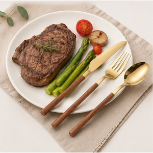 Ensemble de couverts de luxe en acier inoxydable doré avec manches en bois, finition polie miroir, pour hôtels, restaurants et fournitures de réceptions - Product Image 2