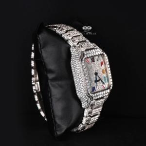 Luxury Full Iced Out Moissanite Diamond Watch Rainbow Roman Numeral Dial White Tone Hip Hop Stainless Steel <b>Automatic</b> Watch - Product Image 4