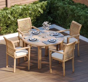 ชุดโต๊ะรับประทานอาหารกลางแจ้งไม้สักแท้ 4 ที่นั่ง พร้อมเก้าอี้มีพนักแขน ดีไซน์ทรอปิคอล ผิวสัมผัสธรรมชาติ เป็นมิตรกับสิ่งแวดล้อม เหมาะสำหรับโรงแรม วิลล่า และรีสอร์ท - Product Image 5