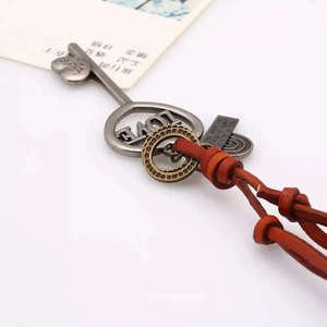 Vintage Alloy Key Heart Pendant Necklace with Adjustable Dark Brown Leather Cord for Men & Boys - Product Image 4