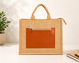Eco-Friendly Jute Tote Bag With Leather Zipper Pocket Solid Color Minimalist Style For Shopping All Seasons - Product Image 5