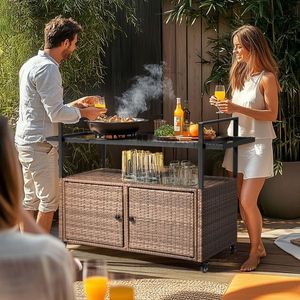 Carrello Bar Grande da Esterno in Vimini con Ruote, Mobile da Patio con Piano in Vetro, Armadietto Contenitore, Carrello Buffet da Servizio - Product Image 5