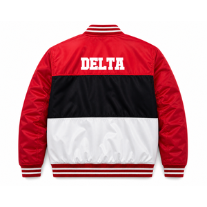 Delta Sigma Personalizado |   Chaqueta de carreras Theta Sorority con logo bordado en rojo y blanco, estilo racing para mujer con forro de poliéster. - Product Image 2