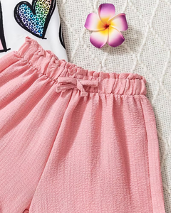 Girls 2Pcs Set Short Sleeve Floral Print Top Pink Shorts Comfortable Casual Wear Medium Stretch Breathable - Product Image 5