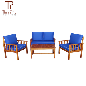 Ensemble de jardin 4 places, mobilier d'extérieur design moderne, résistant aux intempéries, coussins bleus, structure en bois massif pour villa et hôtel - Product Image 3